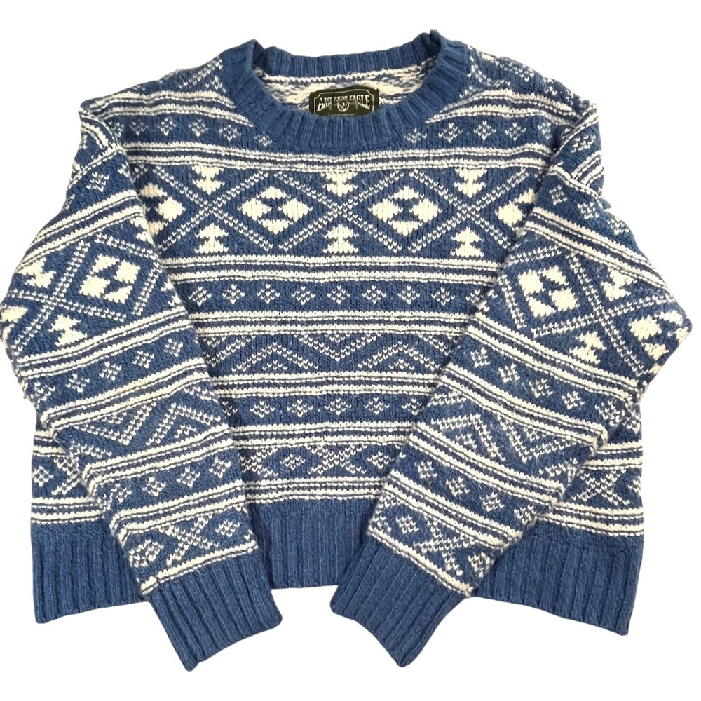 American Eagle Women's Sweater Blue White Fair Isle Knit Cropped Cottagecore M